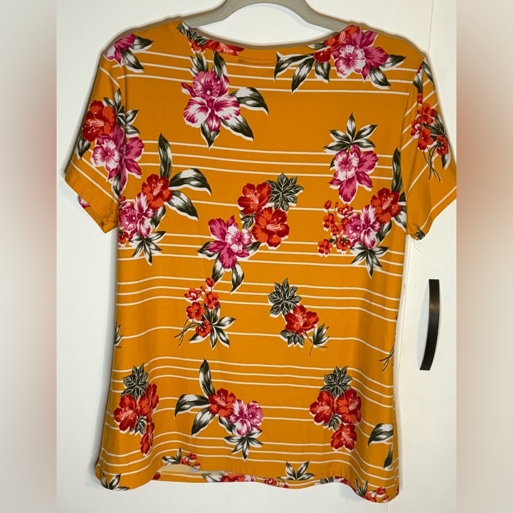 Bobbie Brooks Women’s V Neck T-Shirt White Orange Striped Tropical Floral XL - Picture 2 of 6